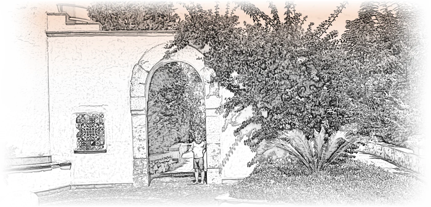 Pencil drawing of an arched gateway in a southern Italian village, with a child standing in the doorway